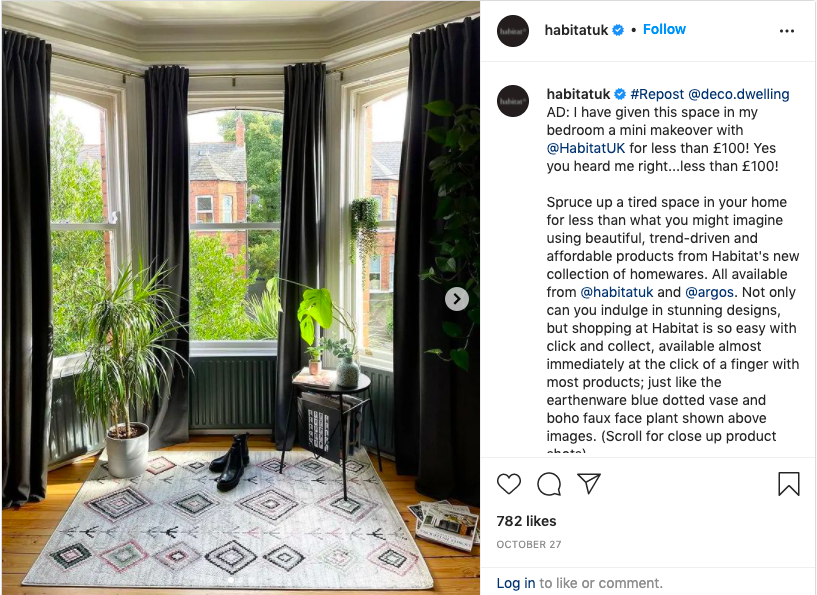 Habitat Instagram Post - Mini makeover bedroom with green curtains and patterned rug - user generated content