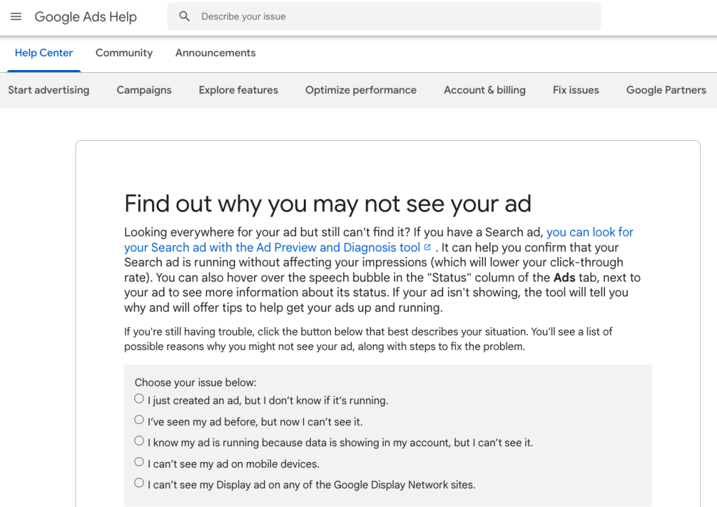 Google Ads tool explaining why your ads may not be shown