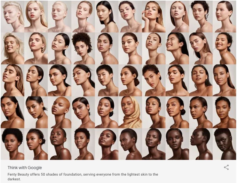 Various images of women with different skin tones and colours showing Fenty Beauty's make up range. An example of positive inclusive marketing.