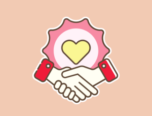 Pink background with a heart crest and two hands shaking in the foreground, showing partnership