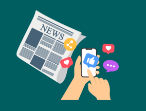 Dark teal background with a newspaper and a hand using a phone, with social media news icons