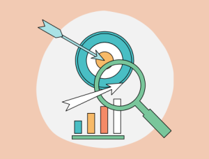 Pale pink background and a multi-coloured image of a magnifying glass, target with arrow, and bar chart, representing social media metrics