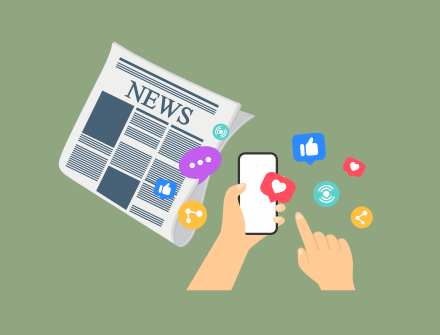 Green background with a newspaper and phone in the foreground, with social media icons around the phone