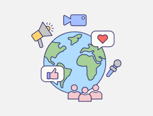 Pale grey background with a colourful globe surrounded by social media icons
