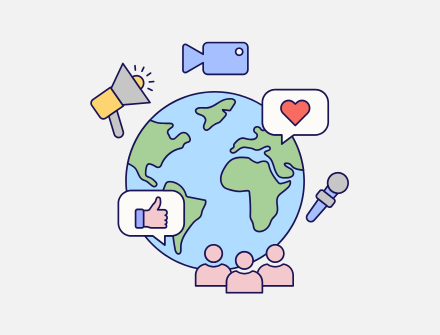 Pale grey background with a colourful globe surrounded by social media icons
