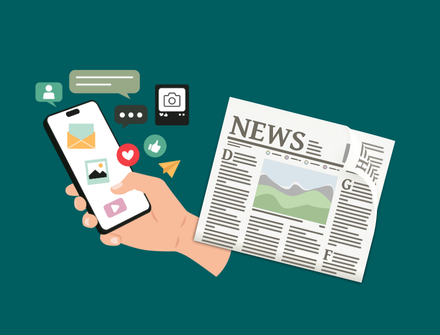 Newspaper and hand holding phone, surrounded by social media news icons