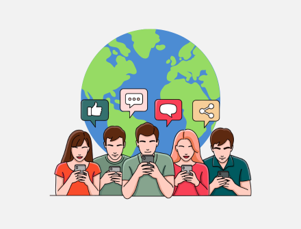 World globe background with five people on their phones in the foreground, with social media icons